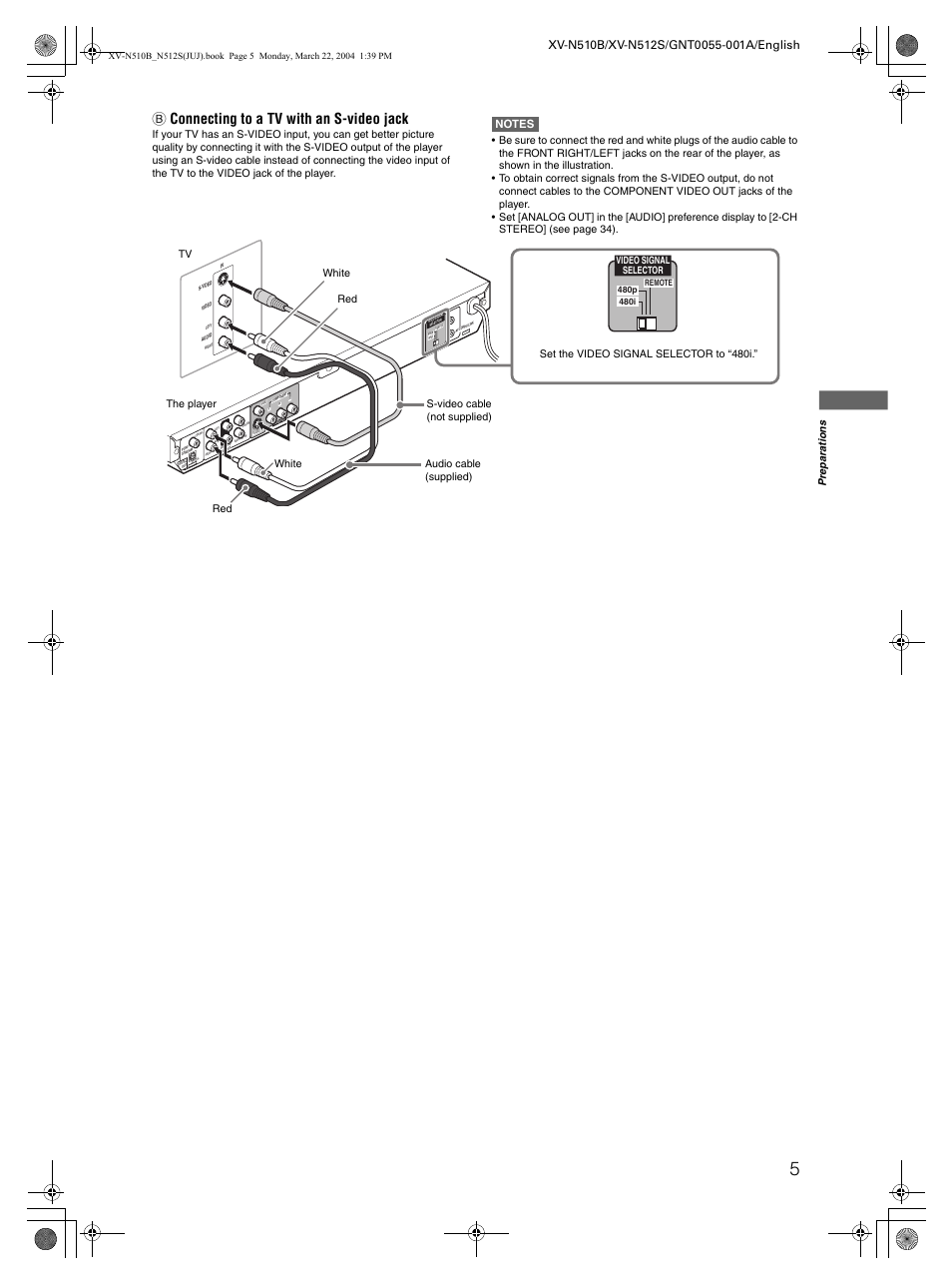 B connecting to a tv with an s-video jack, Pre p a ra ti o n s | JVC XV-N510B User Manual | Page 7 / 48