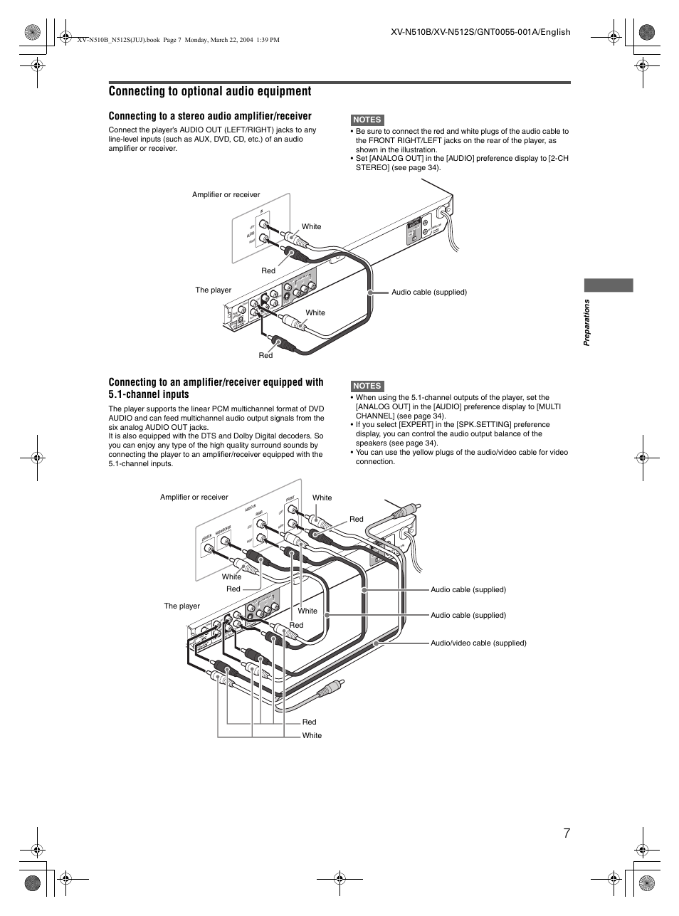 Connecting to optional audio equipment, Connecting to a stereo audio amplifier/receiver, Pre p a ra ti o n s | JVC XV-N510B User Manual | Page 9 / 48
