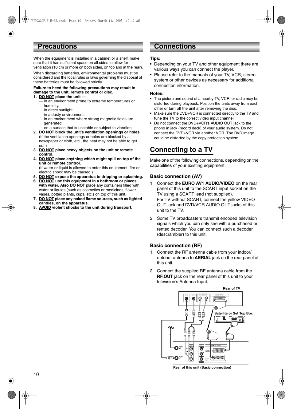 Precautions, Do not place the unit, Avoid violent shocks to the unit during transport | Connections, Connecting to a tv | JVC LPT1056-001A User Manual | Page 10 / 40