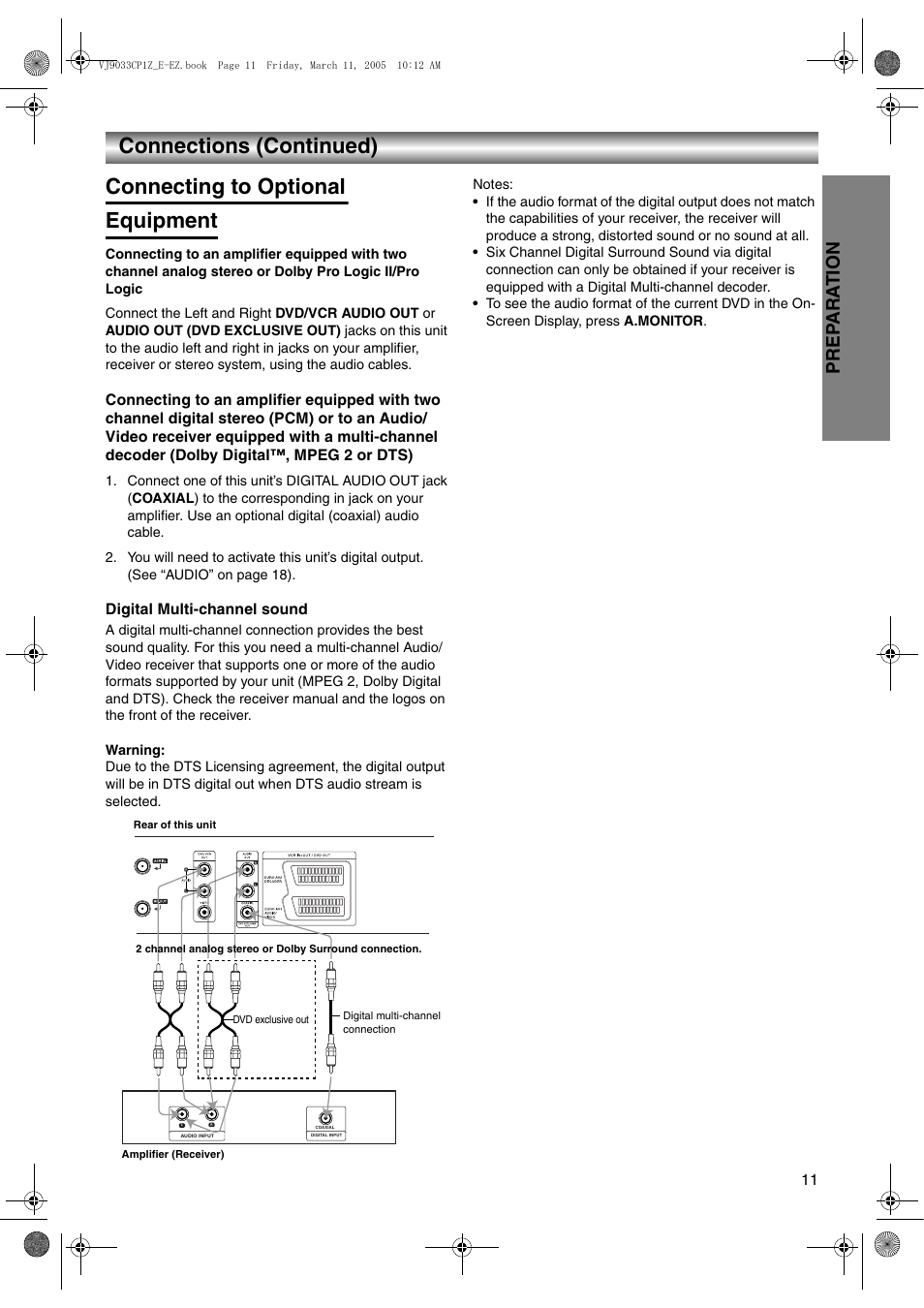 Connections (continued), Connecting to optional equipment, Prep ara t ion | JVC LPT1056-001A User Manual | Page 11 / 40