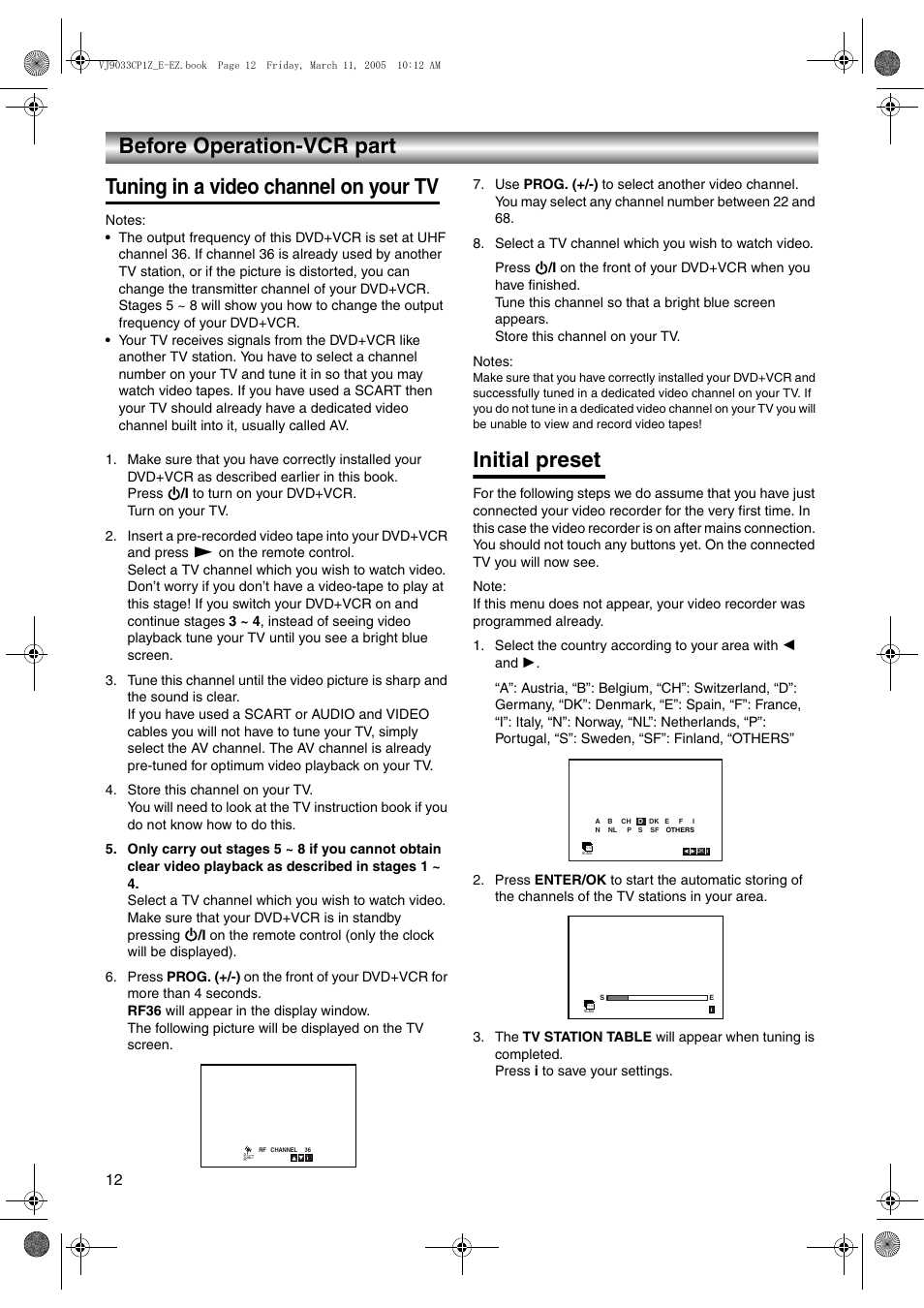 Before operation-vcr part, Tuning in a video channel on your tv, Store this channel on your tv | Select a tv channel which you wish to watch video, Initial preset, Before operation-vcr part -16 | JVC LPT1056-001A User Manual | Page 12 / 40