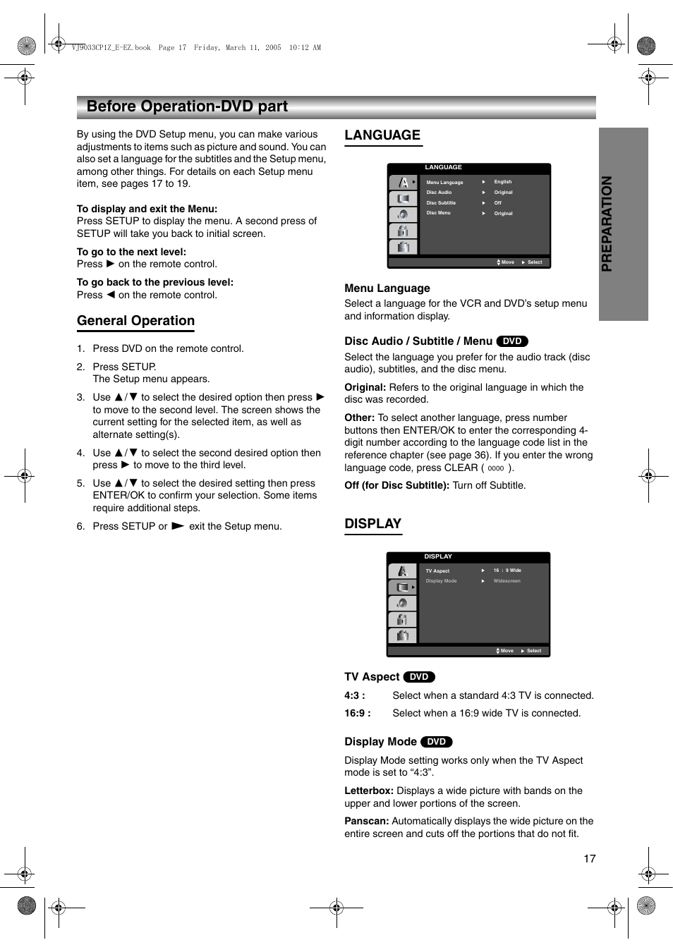 Before operation-dvd part, General operation, Press dvd on the remote control | Press setup, Press setup or 1 exit the setup menu, Language, Display, General operation language, Prep ara t ion | JVC LPT1056-001A User Manual | Page 17 / 40