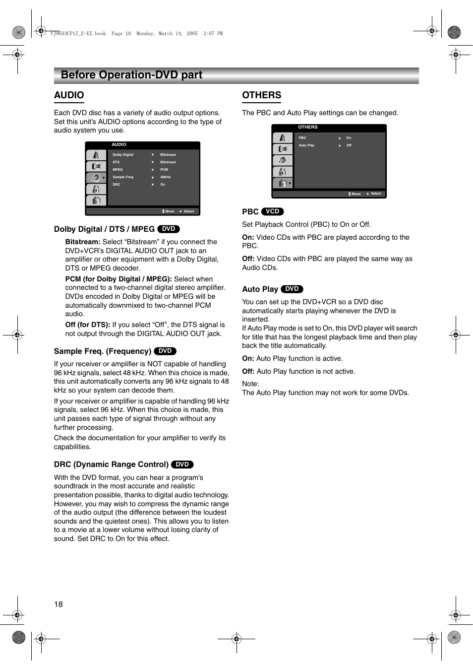 Audio, Others, Before operation-dvd part | Dolby digital / dts / mpeg, Sample freq. (frequency), Drc (dynamic range control), Auto play | JVC LPT1056-001A User Manual | Page 18 / 40