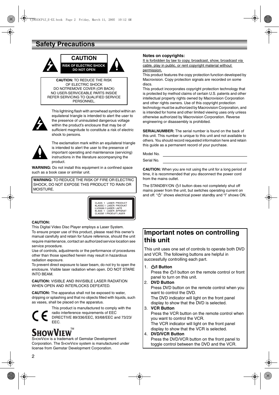 Safety precautions, Caution, Risk of electric shock do not open | Caution: to reduce the risk, Of electric shock, Do notremove cover (or back), No user-serviceable parts inside, Refer servicing to qualified service, Personnel, Important notes on controlling this unit | JVC LPT1056-001A User Manual | Page 2 / 40