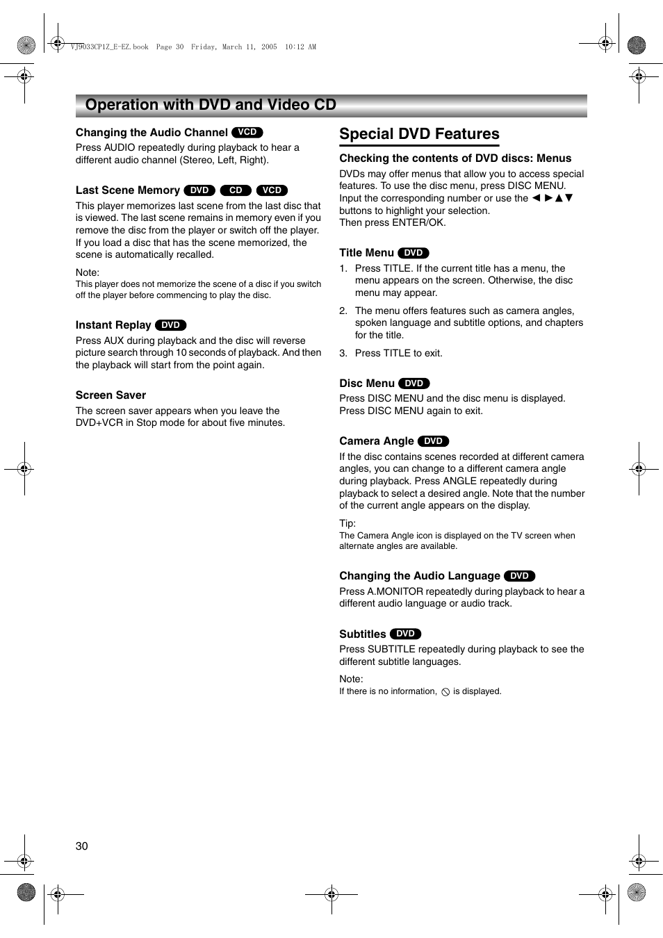 Special dvd features, Press title to exit, Title menu | Operation with dvd and video cd | JVC LPT1056-001A User Manual | Page 30 / 40