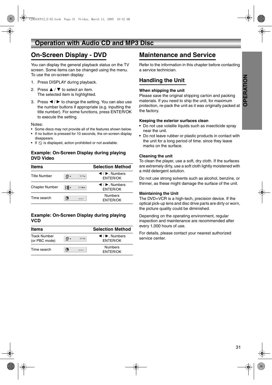 Operation with audio cd and mp3 disc, On-screen display - dvd, Press display during playback | Press 3 / 4 to select an item, Selection method, 2 / 1, numbers, Enter/ok, Numbers, Maintenance and service, Handling the unit | JVC LPT1056-001A User Manual | Page 31 / 40