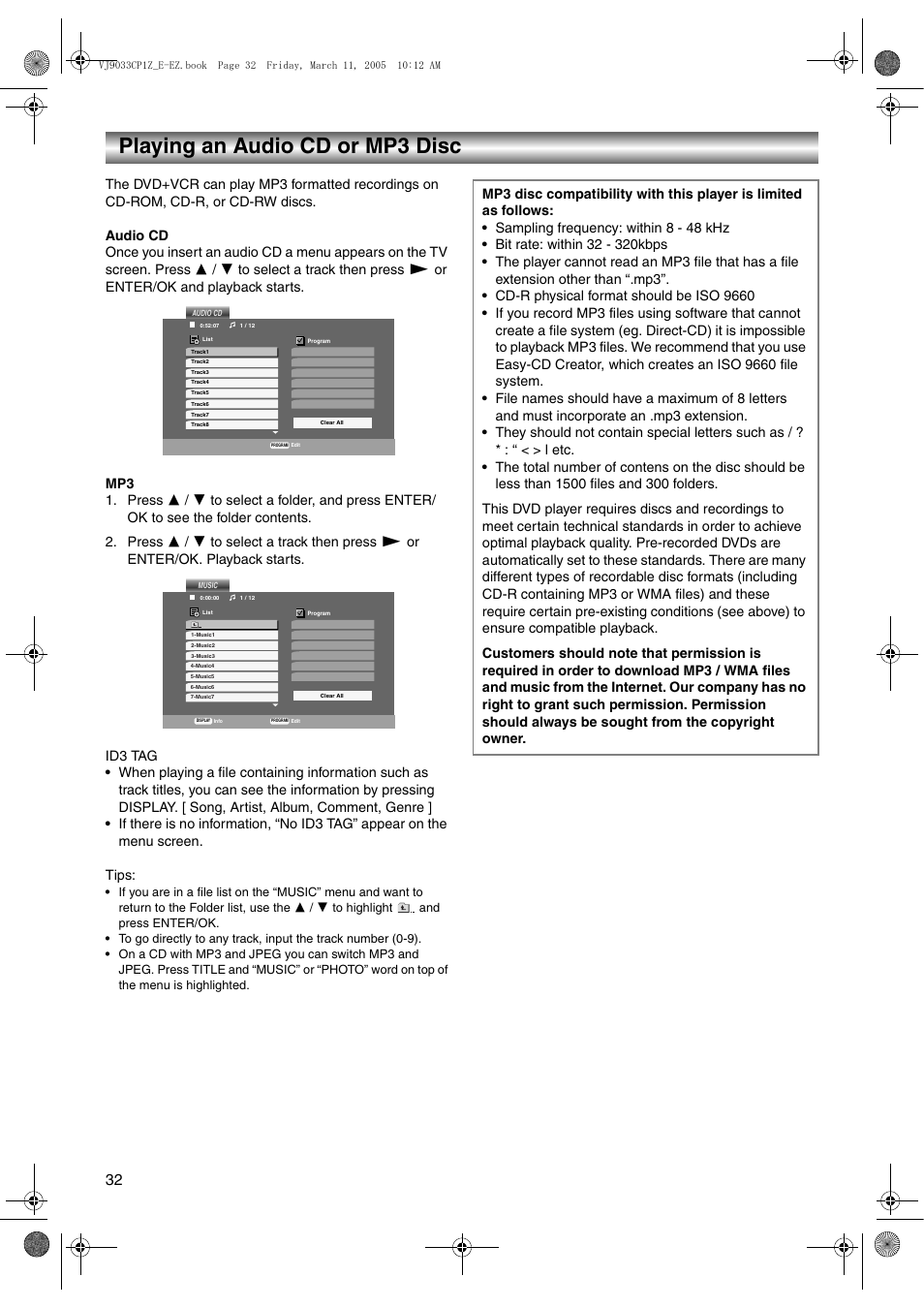 Playing an audio cd or mp3 disc, Audio cd and mp3 disc features | JVC LPT1056-001A User Manual | Page 32 / 40