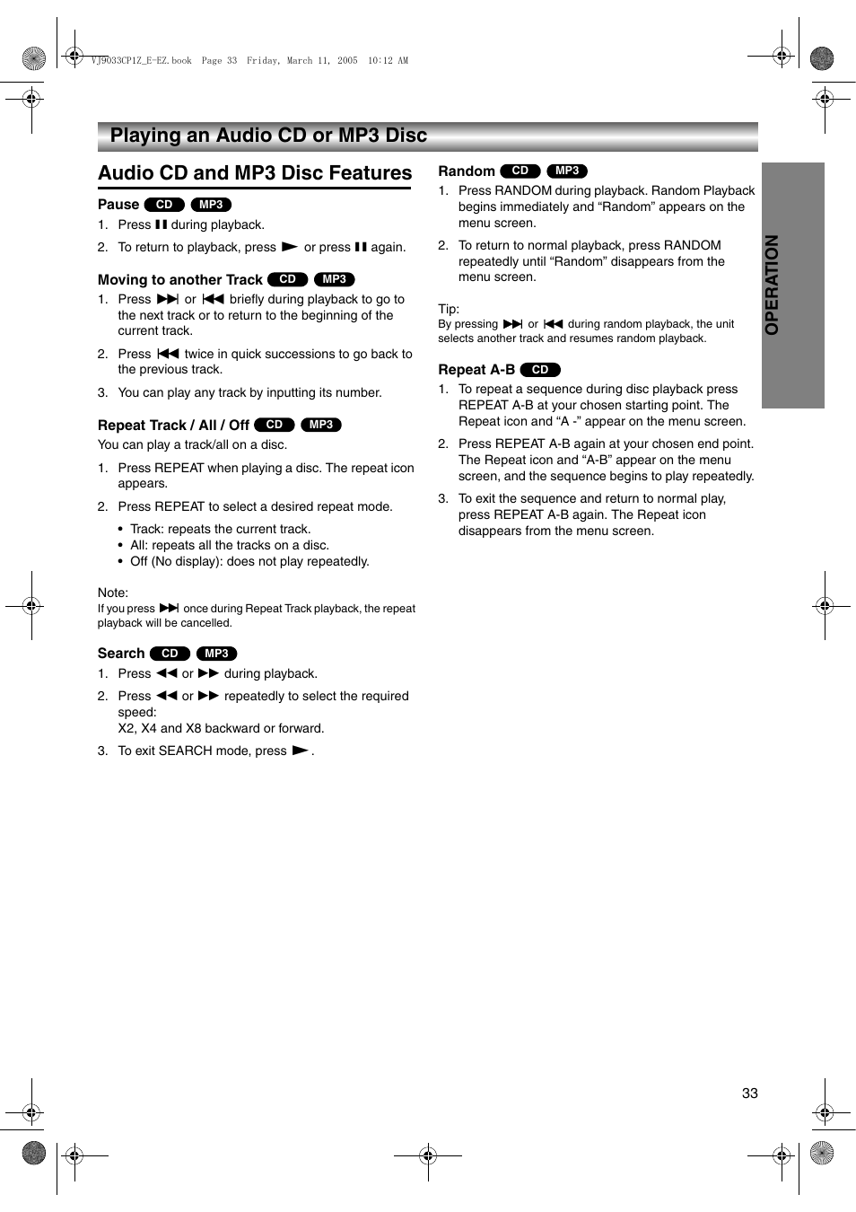 Audio cd and mp3 disc features, Press ; during playback, To return to playback, press 1 or press ; again | You can play any track by inputting its number, Press repeat to select a desired repeat mode, Press 6 or 5 during playback, Press 6 or 5 repeatedly to select the required, To exit search mode, press 1, Pause, Playing an audio cd or mp3 disc | JVC LPT1056-001A User Manual | Page 33 / 40