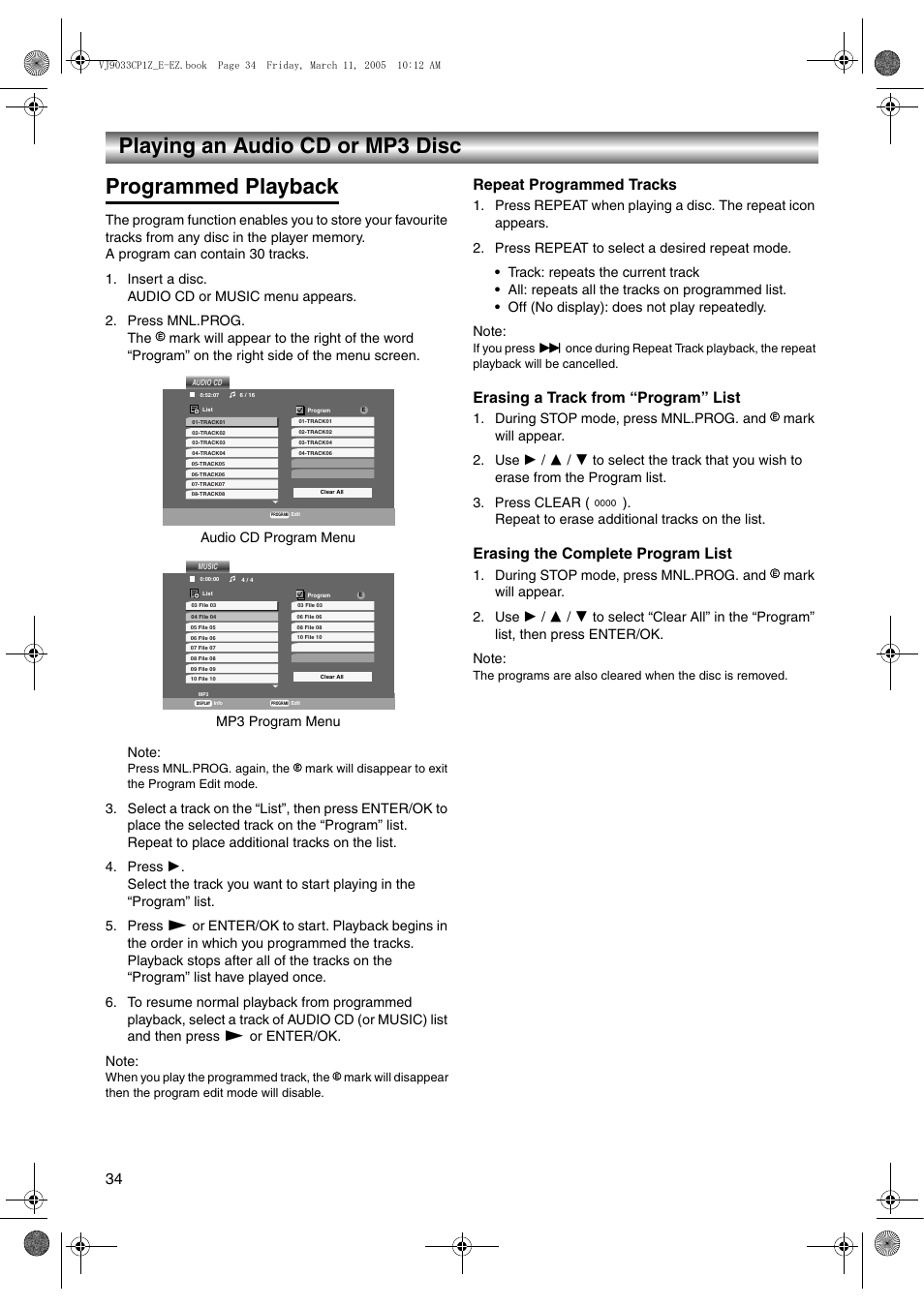 Programmed playback, Insert a disc, Press mnl.prog | Audio cd program menu, Mp3 program menu, Press 1, Press repeat to select a desired repeat mode, Press clear (), Repeat programmed tracks, Erasing a track from “program” list | JVC LPT1056-001A User Manual | Page 34 / 40