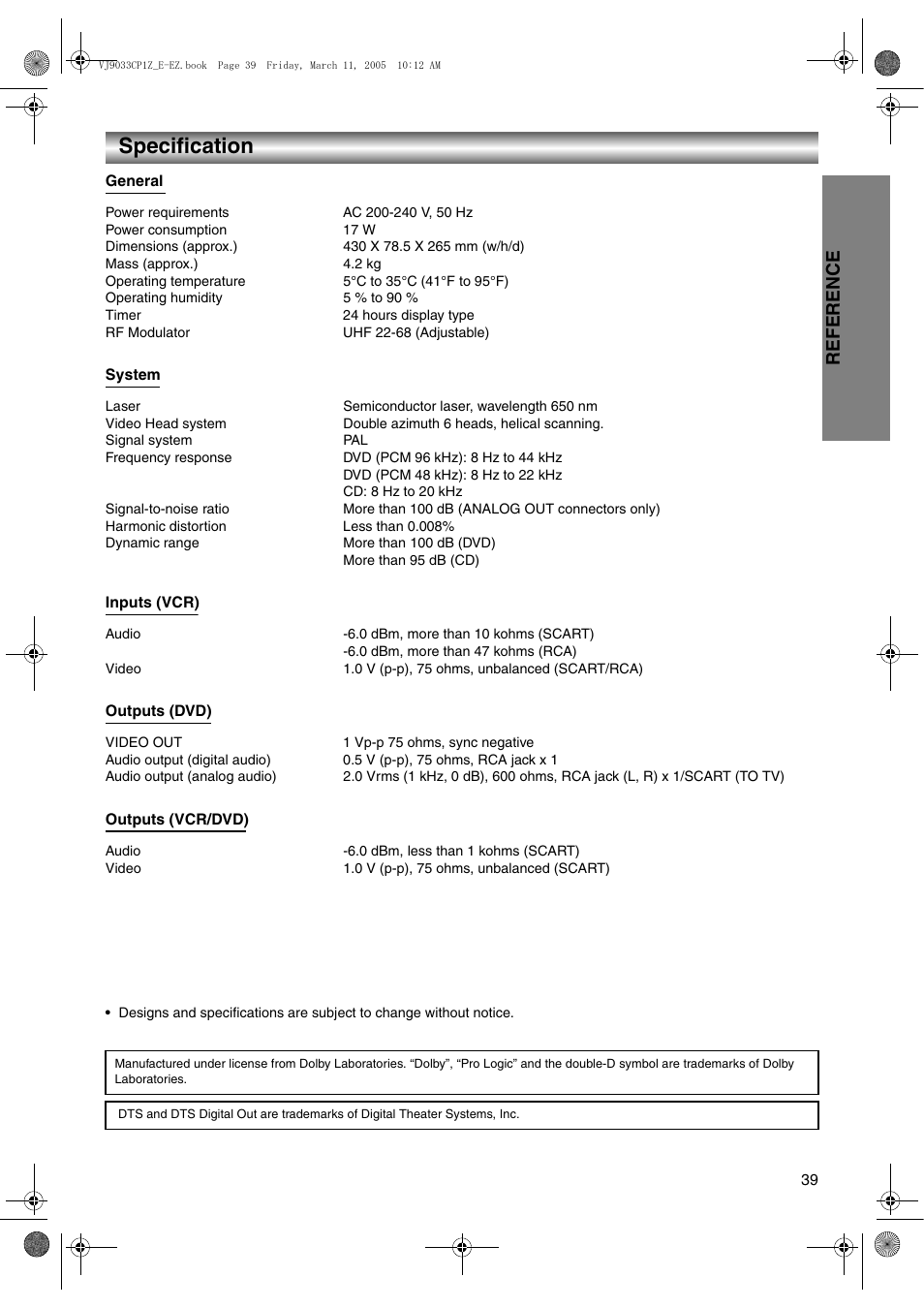 Specification, Reference | JVC LPT1056-001A User Manual | Page 39 / 40