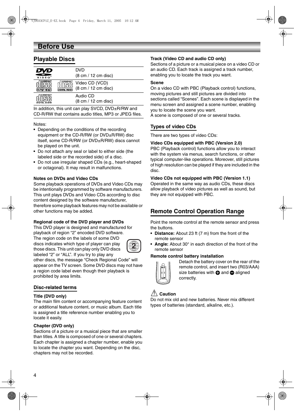 Before use, Playable discs, Remote control operation range | Before use -5, Playable discs remote control operation range | JVC LPT1056-001A User Manual | Page 4 / 40