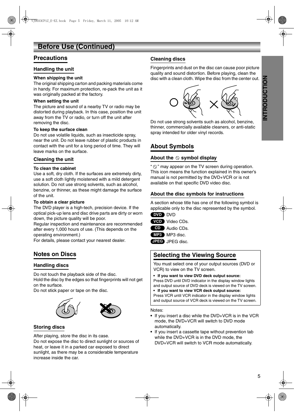 Before use (continued), Precautions, Notes on discs | About symbols, Jpeg, Selecting the viewing source, Intr oduction | JVC LPT1056-001A User Manual | Page 5 / 40