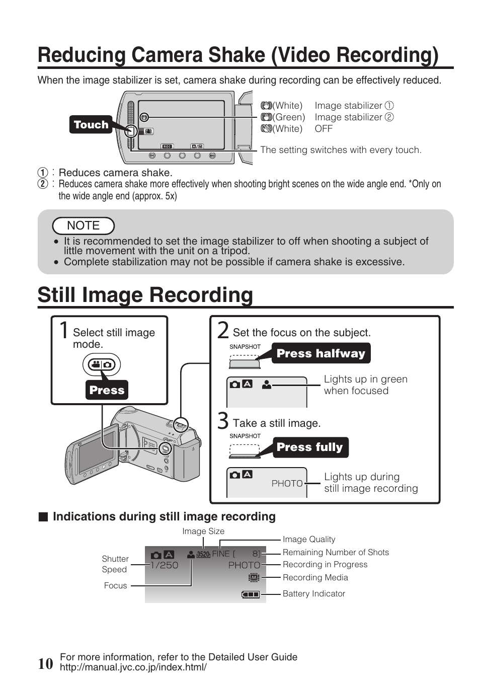 Reducing camera shake (video recording), Still image recording, Button ( p.10) | JVC EVERIO GZ-HM550 User Manual | Page 10 / 96