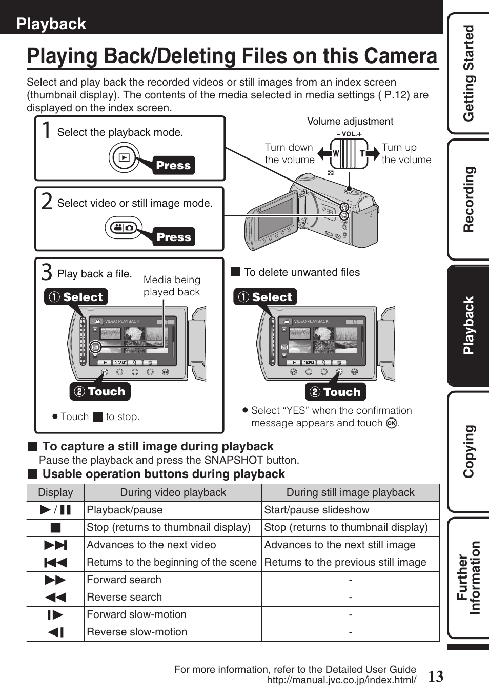 Playback, Playing back/deleting files on this camera | JVC EVERIO GZ-HM550 User Manual | Page 13 / 96