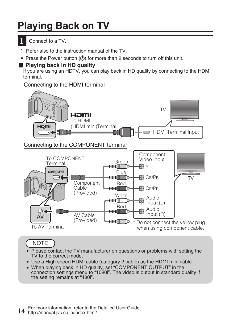 Playing back on tv, Connector ( p.14), Hdmi mini connector ( p.14) | JVC EVERIO GZ-HM550 User Manual | Page 14 / 96