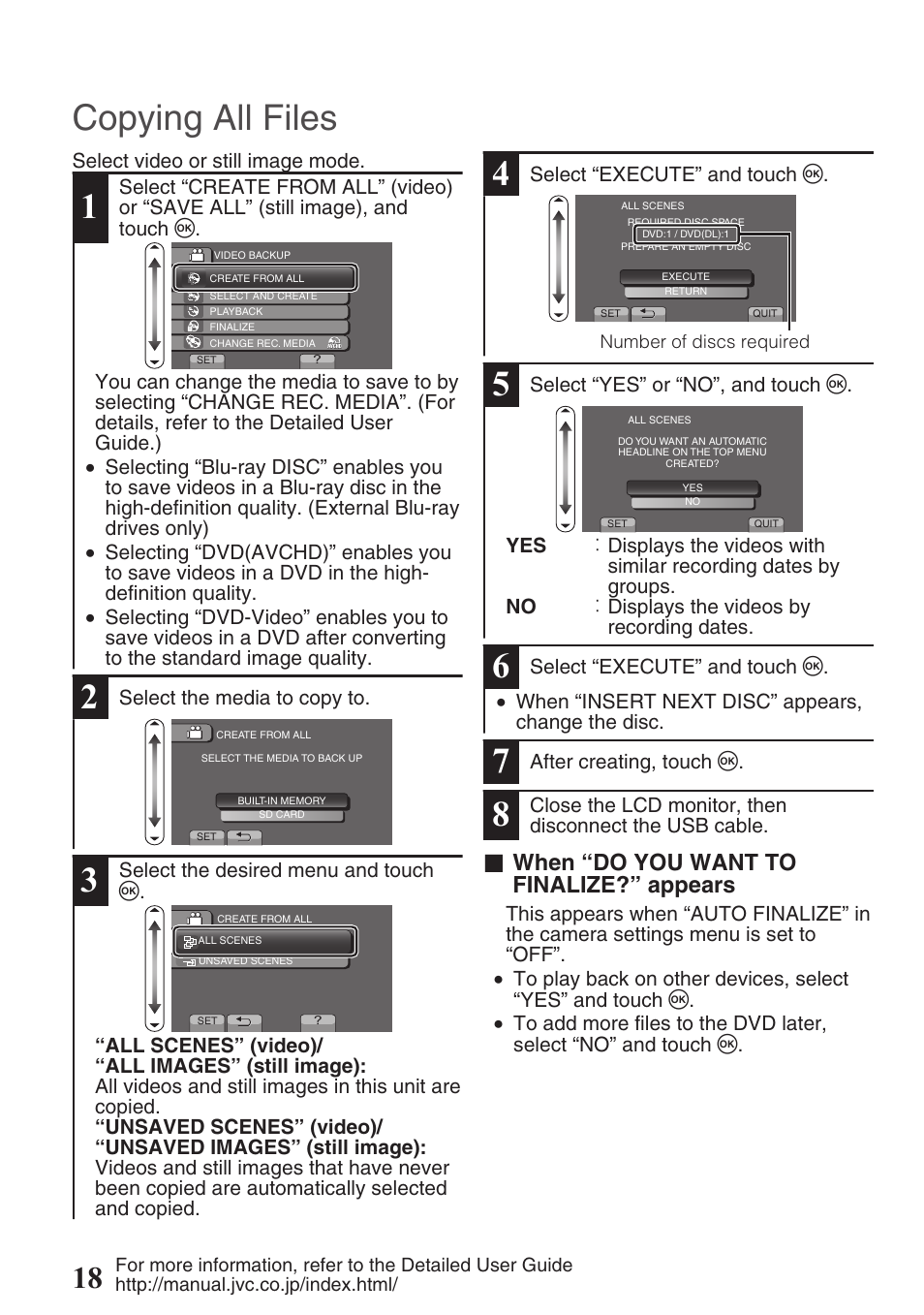 Copying all files, When “do you want to finalize?” appears | JVC EVERIO GZ-HM550 User Manual | Page 18 / 96