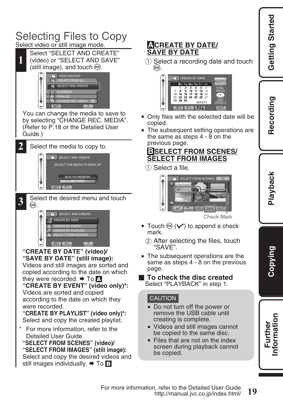 Selecting files to copy, Create by date/ save by date, Select from scenes/ select from images | JVC EVERIO GZ-HM550 User Manual | Page 19 / 96