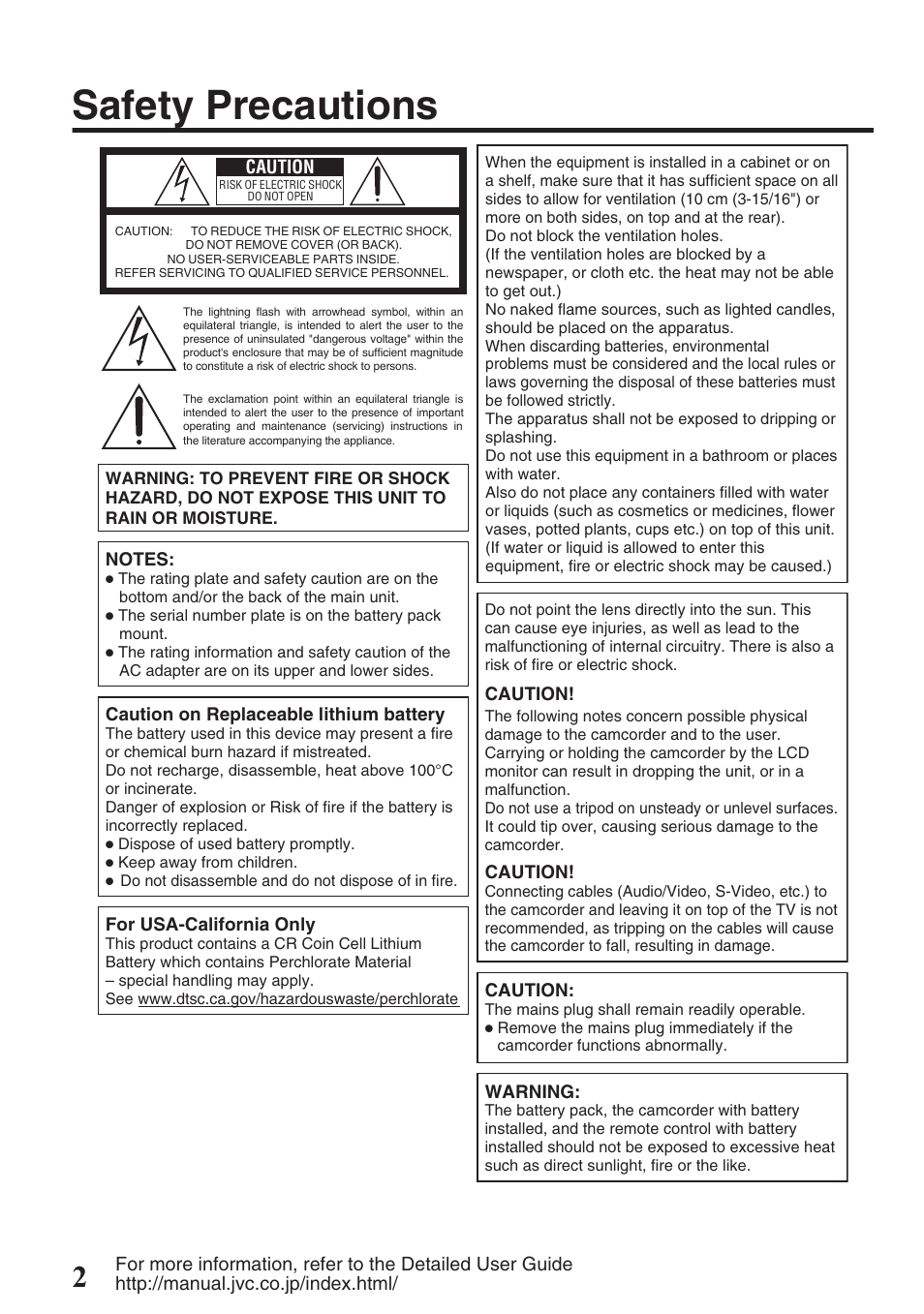 Safety precautions | JVC EVERIO GZ-HM550 User Manual | Page 2 / 96