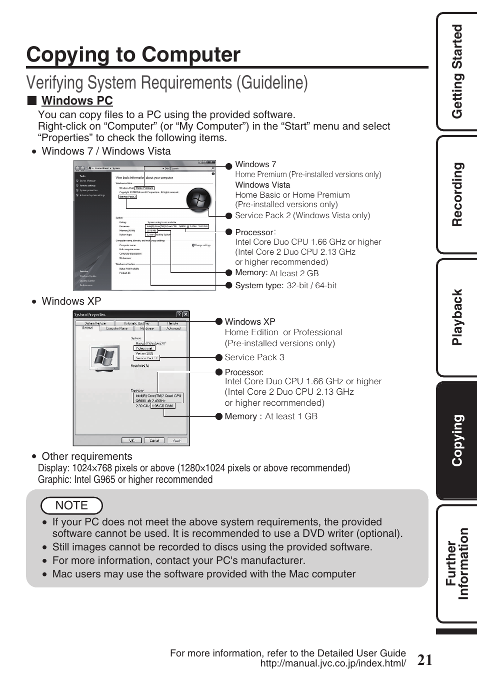 Copying to computer, Verifying system requirements (guideline), P.21 | JVC EVERIO GZ-HM550 User Manual | Page 21 / 96