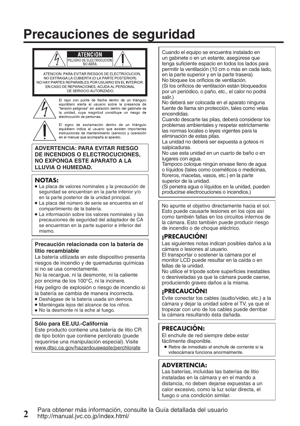 Precauciones de seguridad | JVC EVERIO GZ-HM550 User Manual | Page 34 / 96