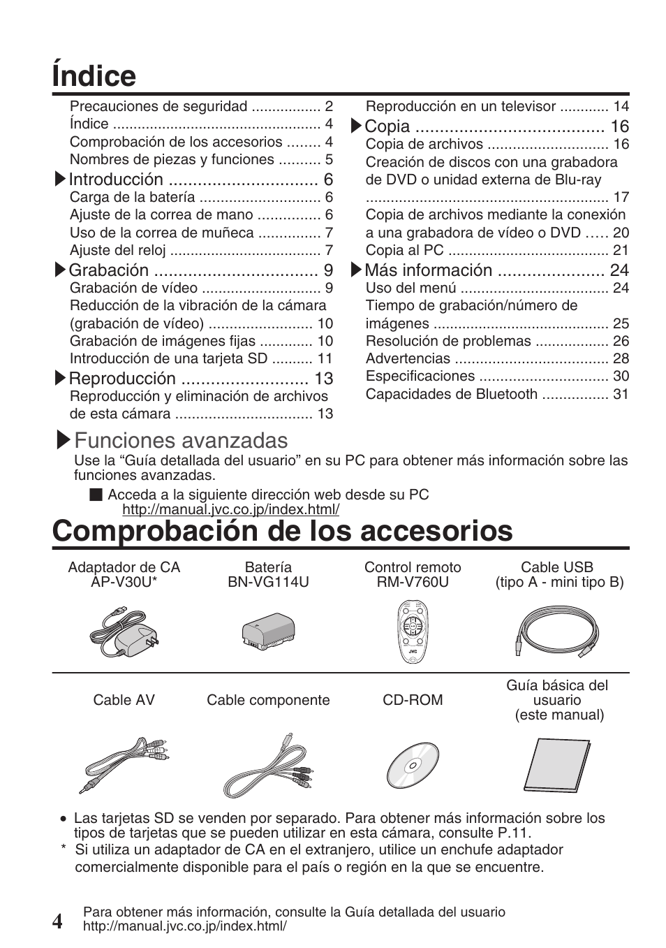 Índice, Comprobación de los accesorios, Funciones avanzadas | Introducción, Grabación, Reproducción, Copia, Más información | JVC EVERIO GZ-HM550 User Manual | Page 36 / 96