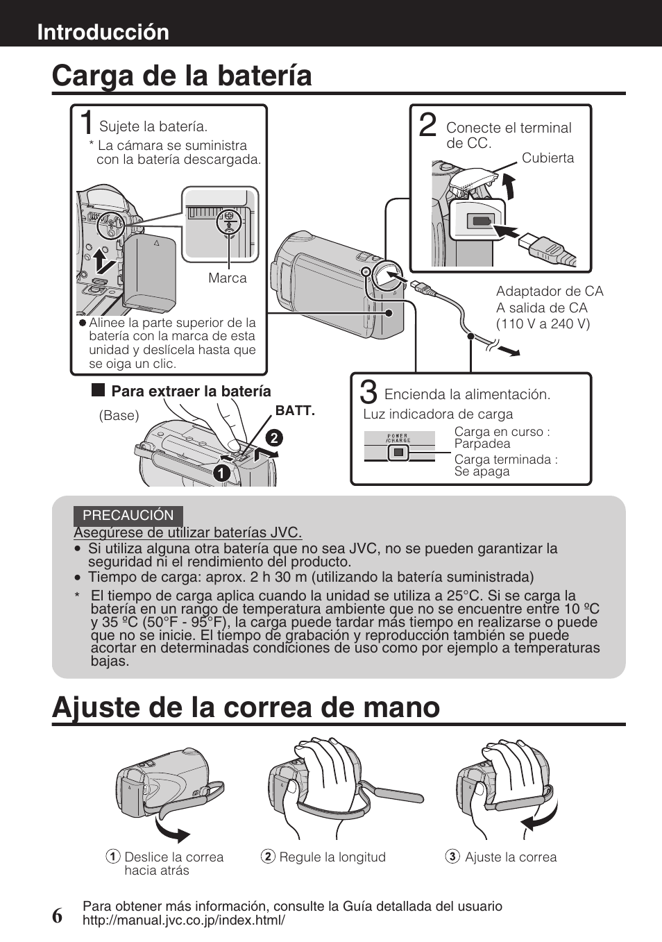 Introducción, Carga de la batería, Ajuste de la correa de mano | Carga de la batería ajuste de la correa de mano, Carga) ( p.6), Terminal de cc ( p.6), Correa de mano ( p.6), P.6), Introducción 6 | JVC EVERIO GZ-HM550 User Manual | Page 38 / 96