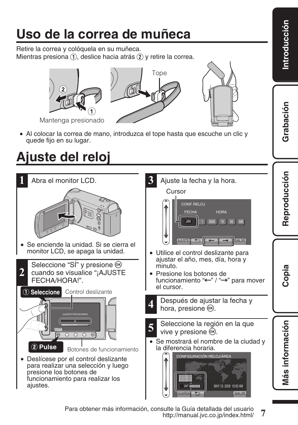 Uso de la correa de muñeca, Ajuste del reloj, Uso de la correa de muñeca ajuste del reloj | JVC EVERIO GZ-HM550 User Manual | Page 39 / 96
