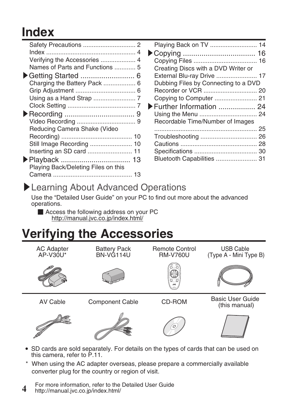 Index, Verifying the accessories, Learning about advanced operations | Getting started, Recording, Playback, Copying, Further information | JVC EVERIO GZ-HM550 User Manual | Page 4 / 96