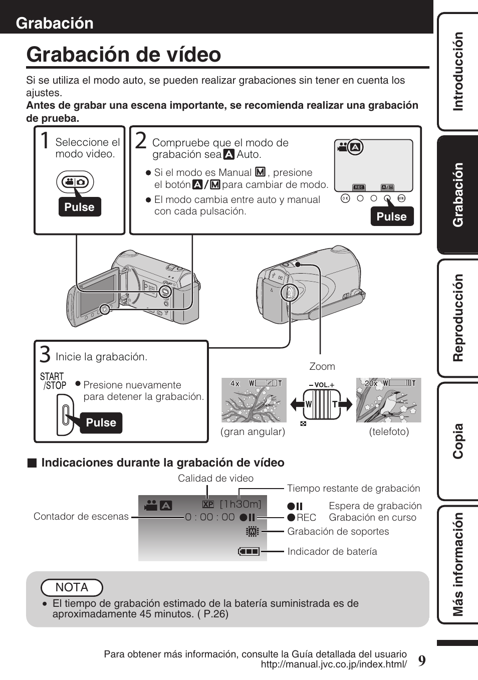 Grabación, Grabación de vídeo, Vídeo) ( p.9) | JVC EVERIO GZ-HM550 User Manual | Page 41 / 96