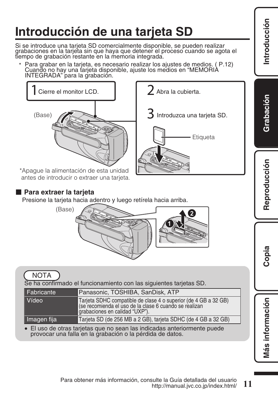 Introducción de una tarjeta sd, Ranura para la tarjeta sd ( p.11) | JVC EVERIO GZ-HM550 User Manual | Page 43 / 96