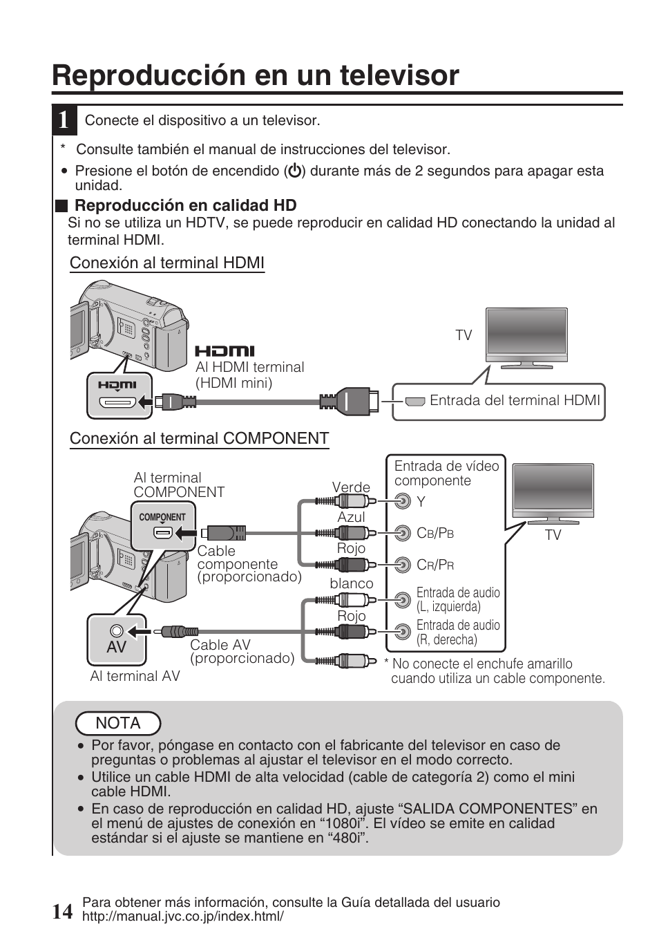 Reproducción en un televisor, P.14), Hdmi miniconector ( p.14) | JVC EVERIO GZ-HM550 User Manual | Page 46 / 96
