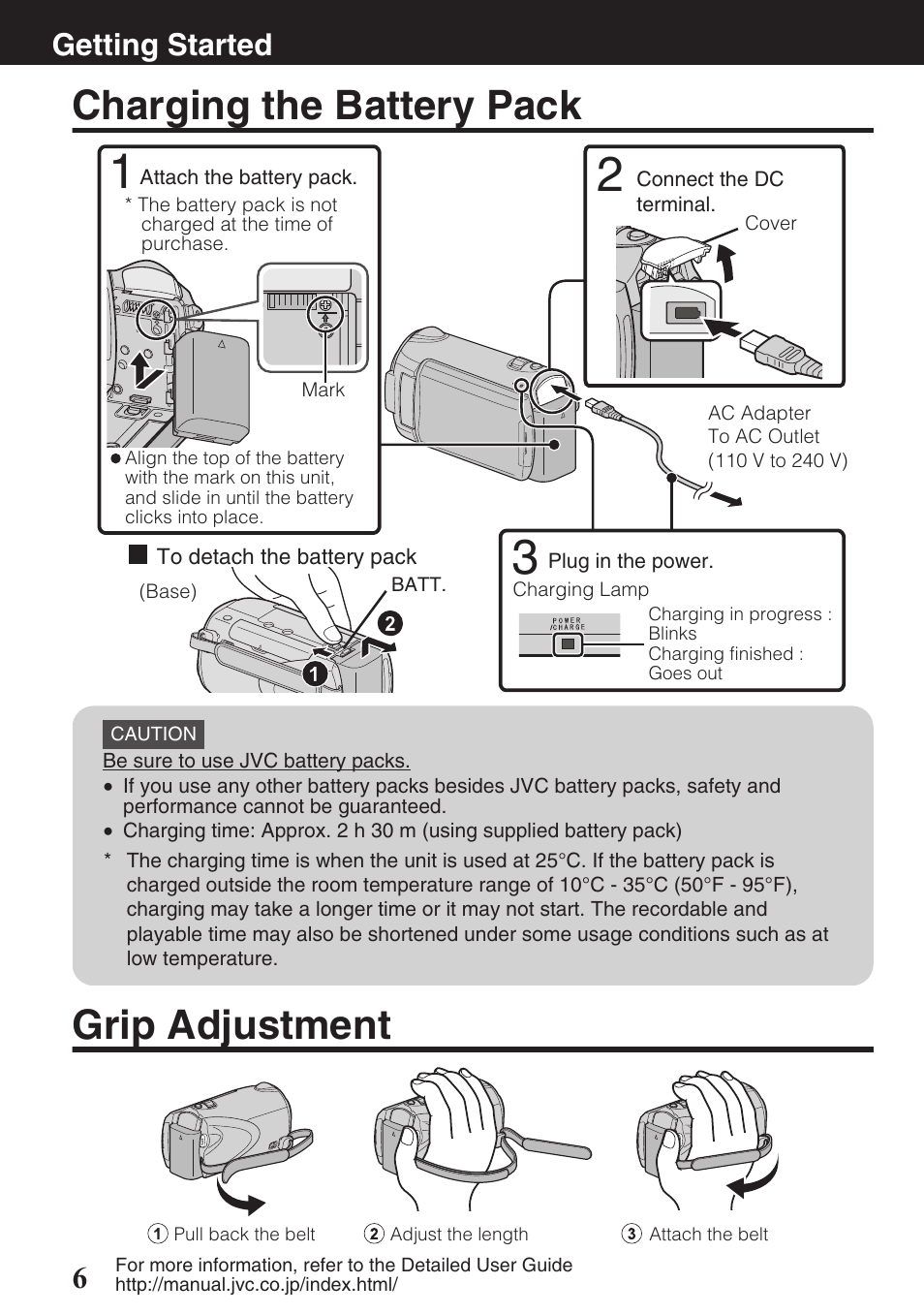 Getting started, Charging the battery pack, Grip adjustment | Charging the battery pack grip adjustment, Lamp ( p.6), Dc terminal ( p.6), Grip belt ( p.6), Battery release lever ( p.6), Getting started 6 | JVC EVERIO GZ-HM550 User Manual | Page 6 / 96