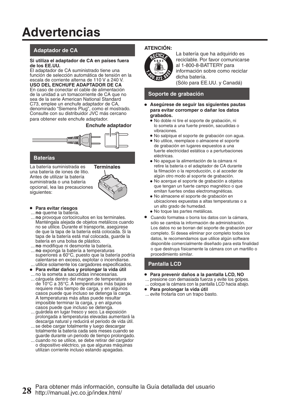 Advertencias | JVC EVERIO GZ-HM550 User Manual | Page 60 / 96