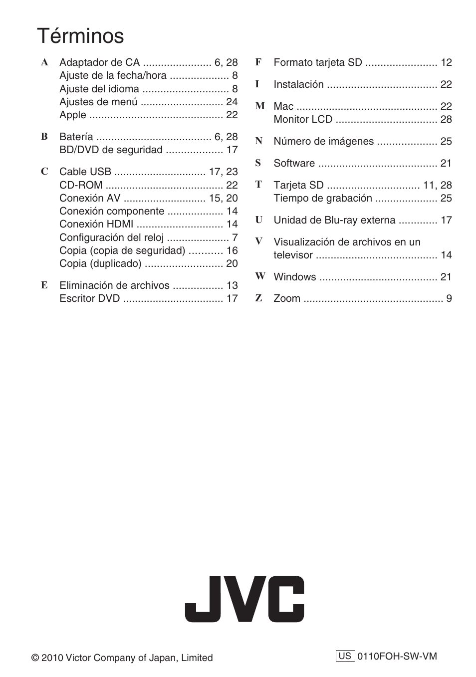 Términos | JVC EVERIO GZ-HM550 User Manual | Page 64 / 96