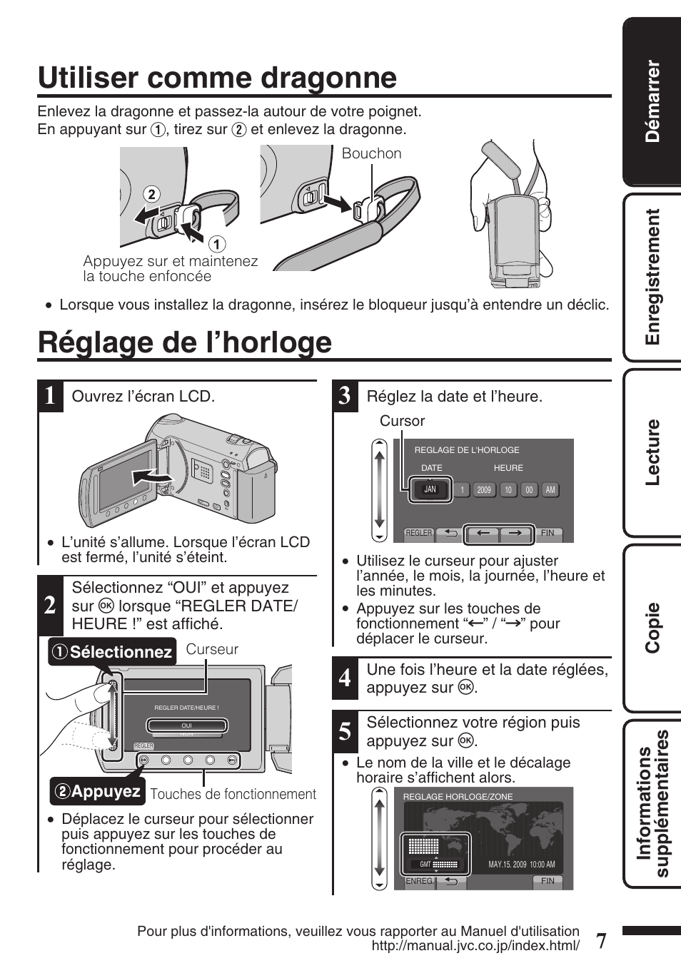 Utiliser comme dragonne, Réglage de l’horloge, Utiliser comme dragonne réglage de l’horloge | JVC EVERIO GZ-HM550 User Manual | Page 71 / 96