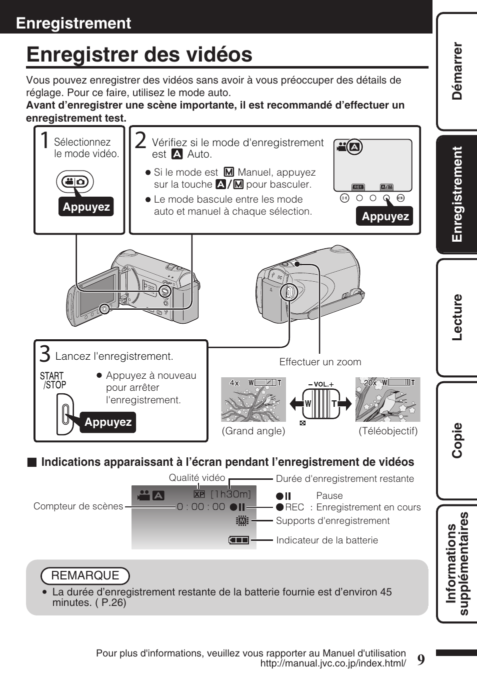 Enregistrement, Enregistrer des vidéos, Vidéos) ( p.9) | JVC EVERIO GZ-HM550 User Manual | Page 73 / 96