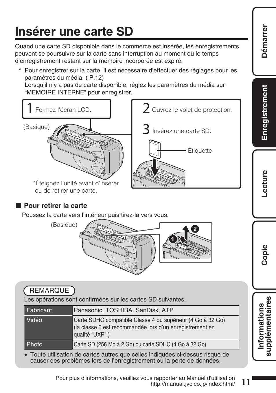 Insérer une carte sd, Fente pour carte sd ( p.11) | JVC EVERIO GZ-HM550 User Manual | Page 75 / 96