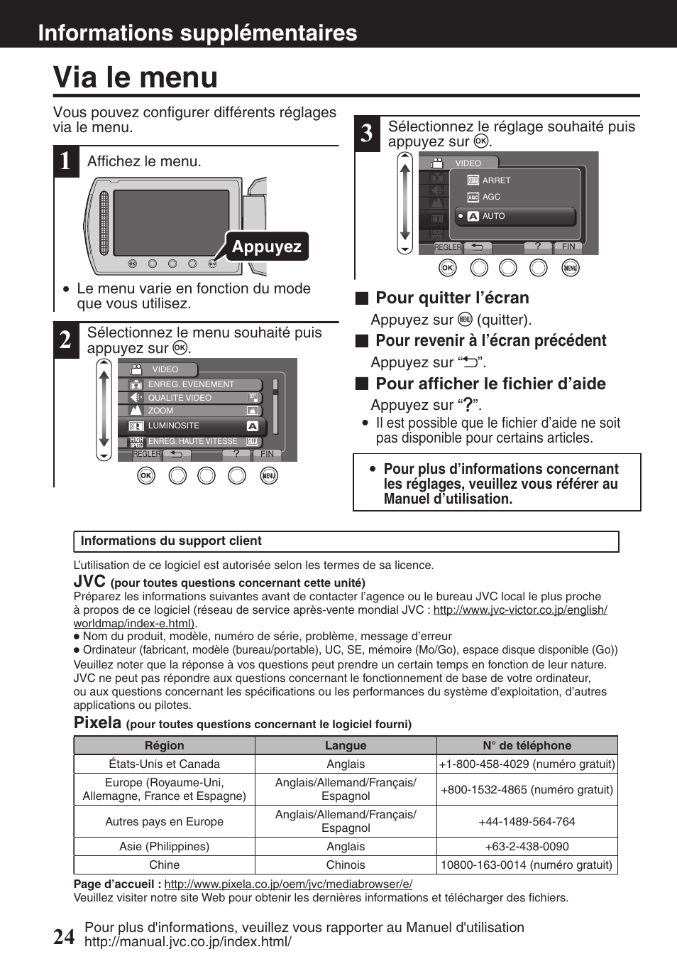 Informations supplémentaires, Via le menu, Touche menu (menu) ( p.24) | Informations supplémentaires 24, Appuyez, Pour quitter l’écran, Pour revenir à l’écran précédent, Pour afficher le fichier d’aide, Pixela | JVC EVERIO GZ-HM550 User Manual | Page 88 / 96