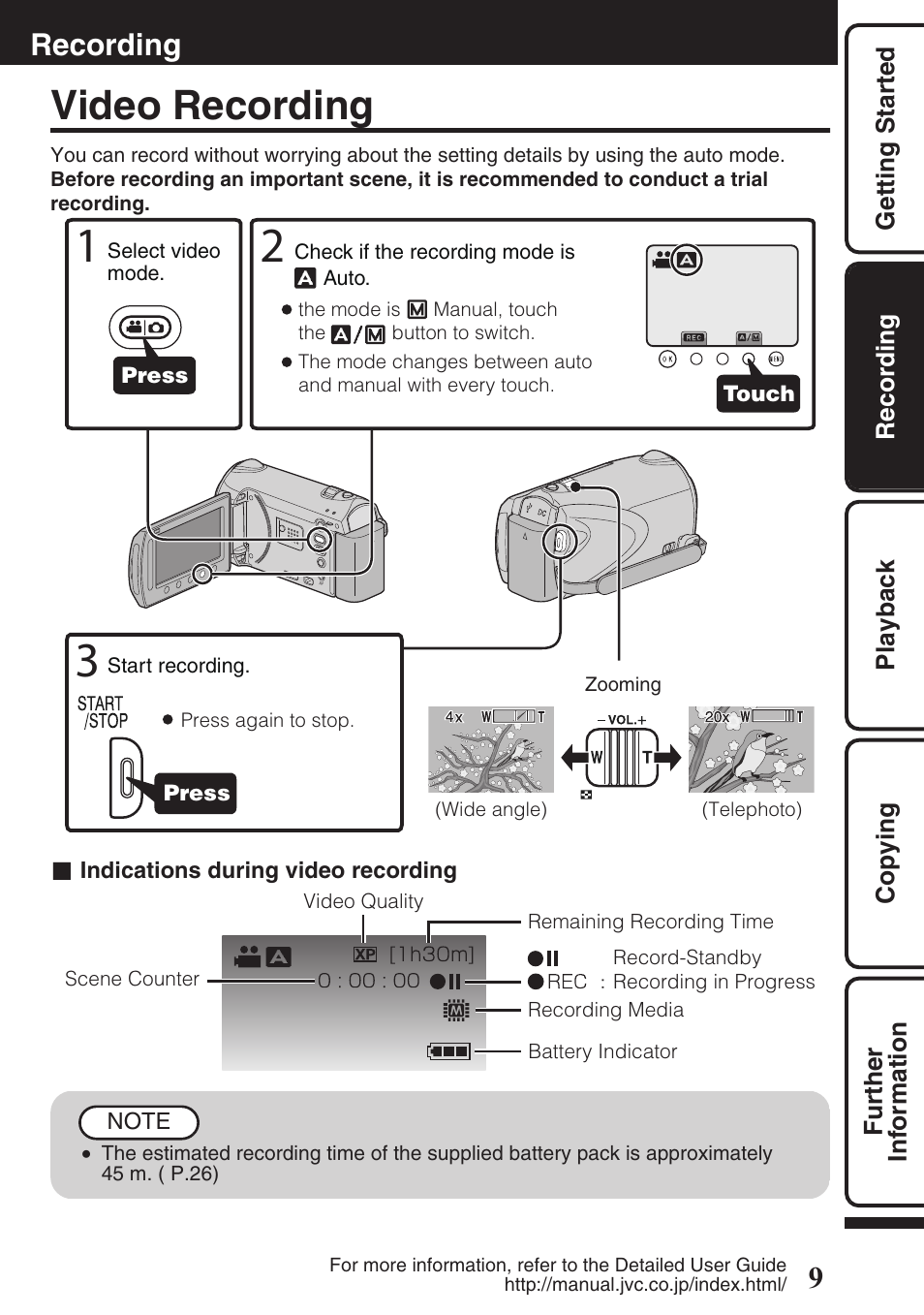 Recording, Video recording, Zoom/volume lever ( p.9, 13) | Button ( p.9) | JVC EVERIO GZ-HM550 User Manual | Page 9 / 96