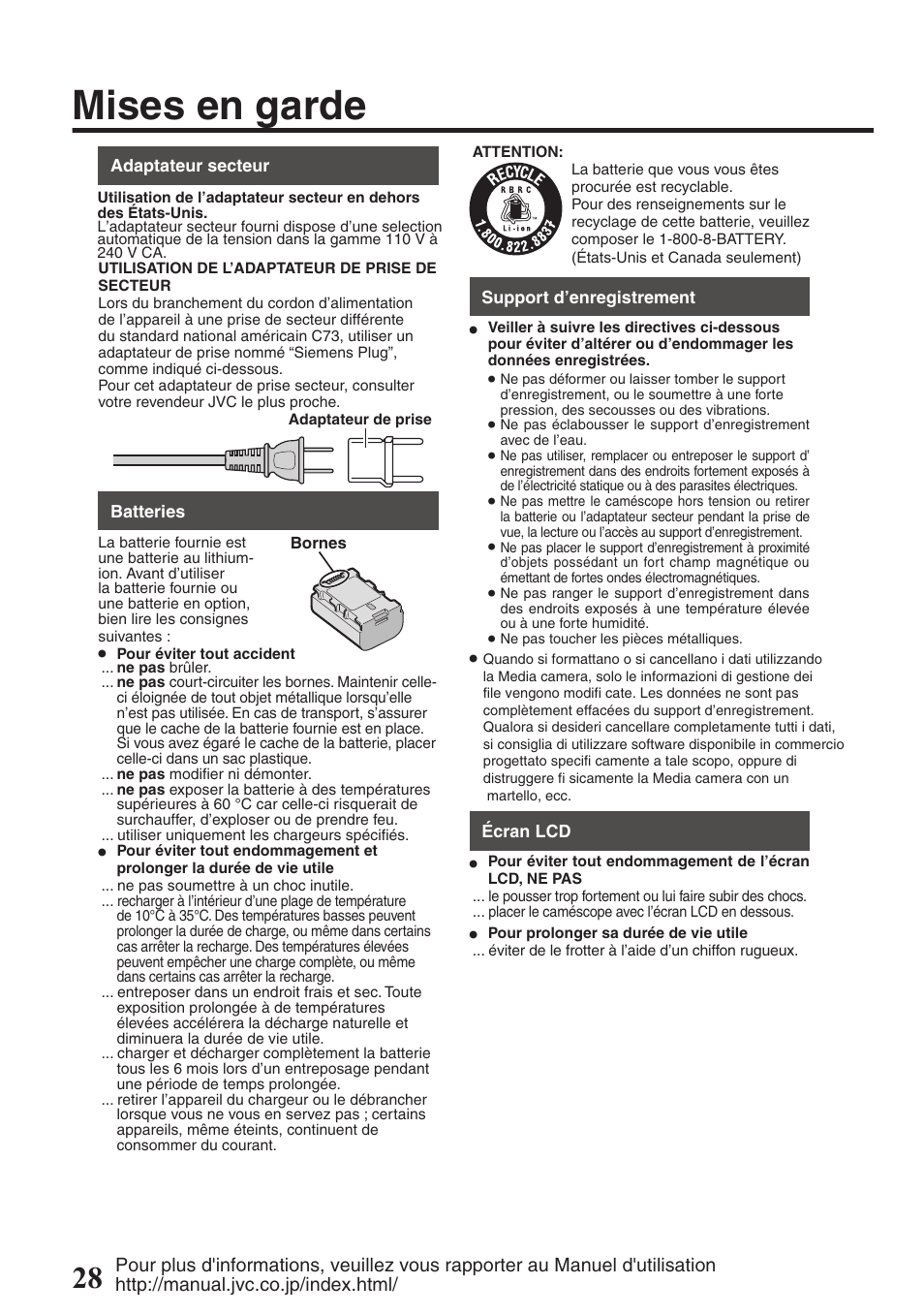 Mises en garde | JVC EVERIO GZ-HM550 User Manual | Page 92 / 96