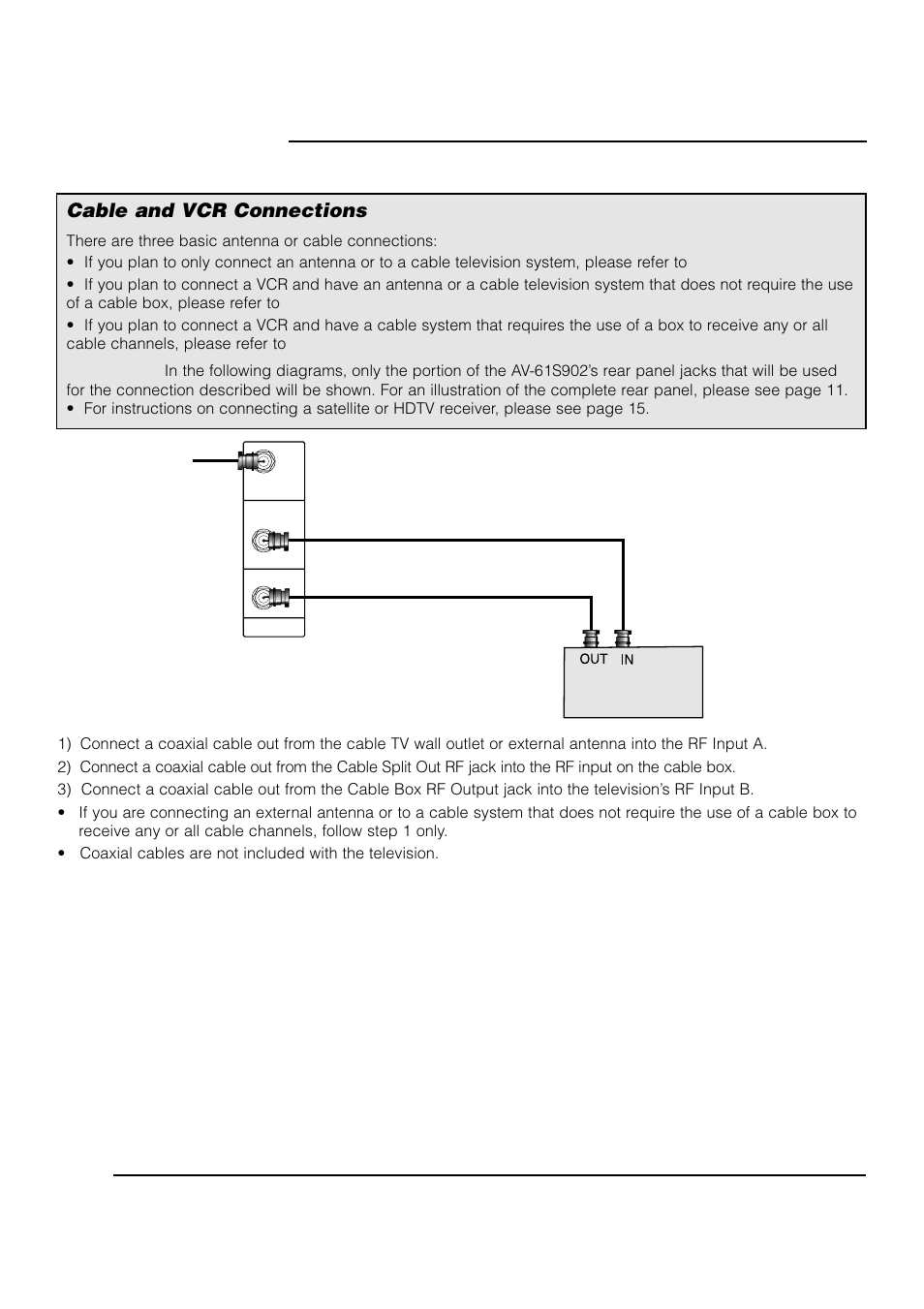 Connections, Cable and vcr connections | JVC AV 61S902 User Manual | Page 12 / 68