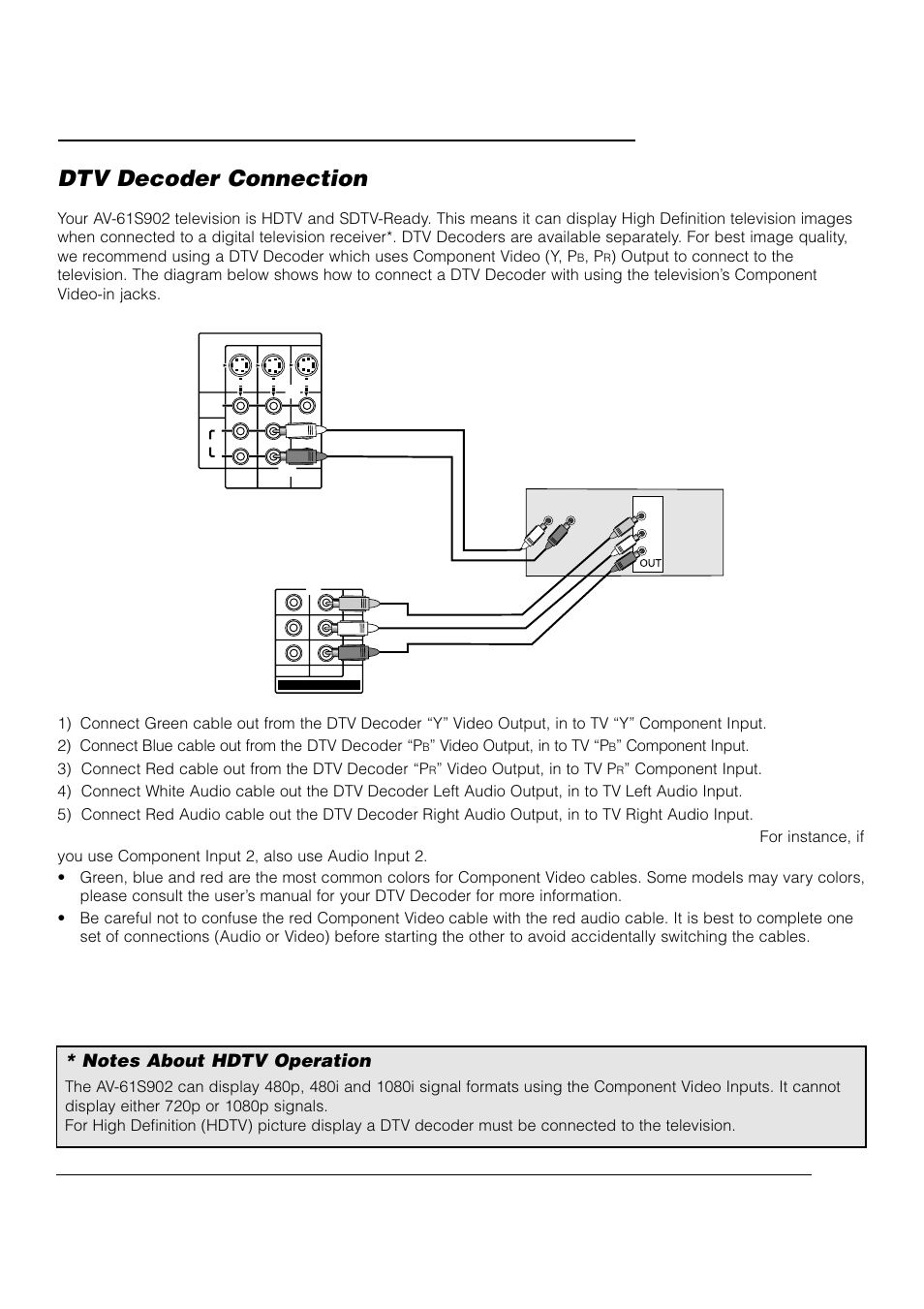 Connections, Dtv decoder connection, Video output, in to tv “p | Video output, in to tv p | JVC AV 61S902 User Manual | Page 15 / 68
