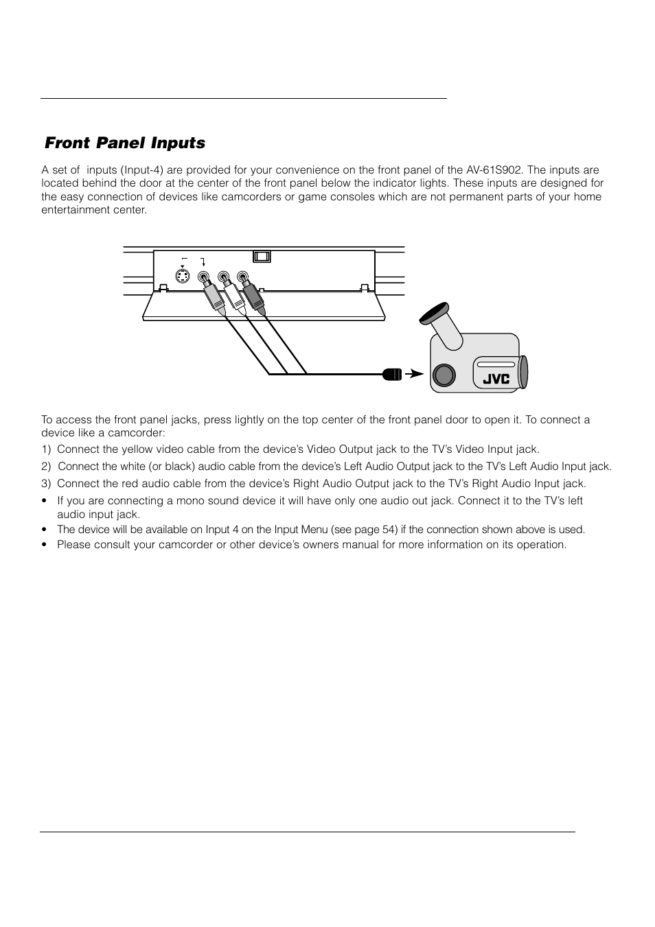 Connections, Front panel inputs | JVC AV 61S902 User Manual | Page 19 / 68