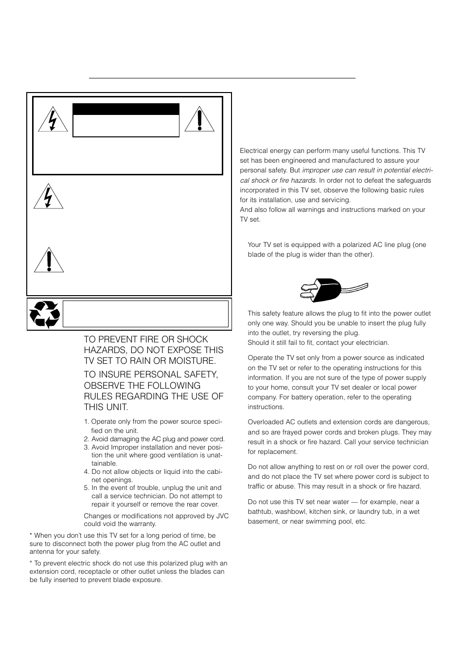 Important safety precautions, Important safeguards, Caution | Installation | JVC AV 61S902 User Manual | Page 2 / 68