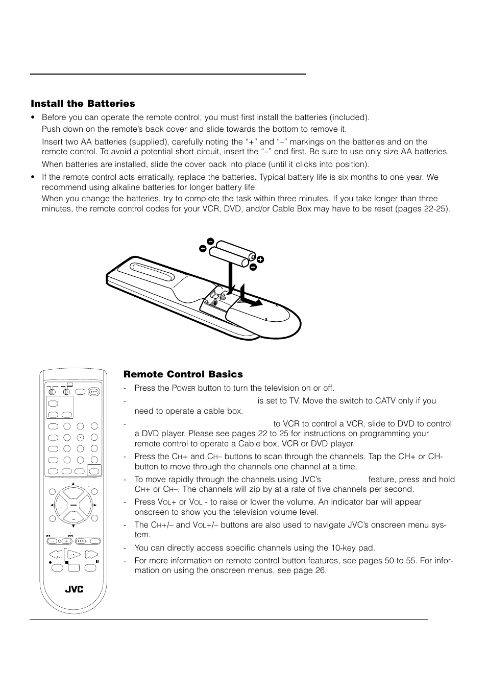Remote control, Install the batteries, Remote control basics | Press the p, And c, Or c, Or v, And v | JVC AV 61S902 User Manual | Page 21 / 68