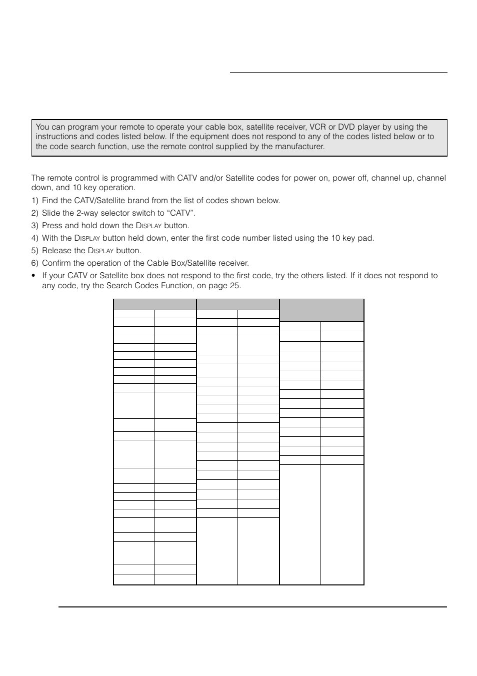 Remote programming, Setting the catv, vcr and dvd codes, Cable box or satellite setup | Button. 4) with the d | JVC AV 61S902 User Manual | Page 22 / 68