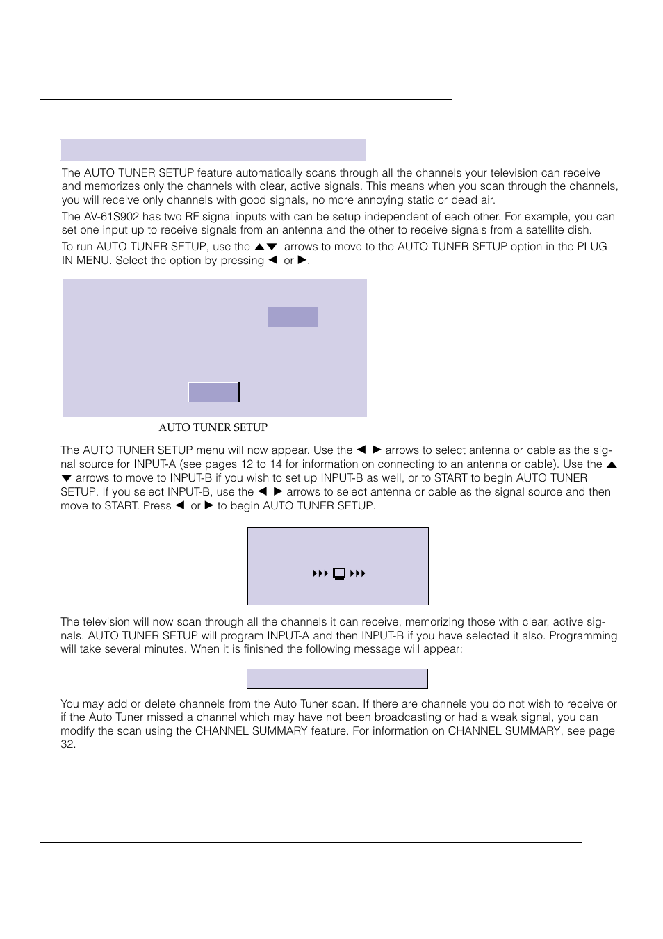 Plug in menu, Auto tuner setup | JVC AV 61S902 User Manual | Page 29 / 68