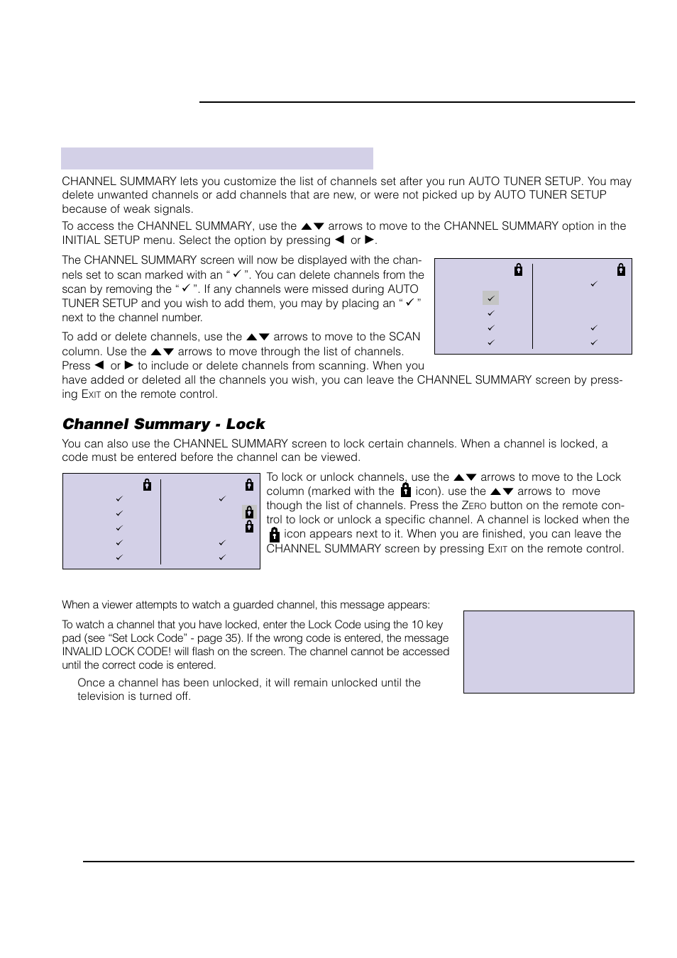 Initial setup, Channel summary, Channel summary - lock | JVC AV 61S902 User Manual | Page 32 / 68