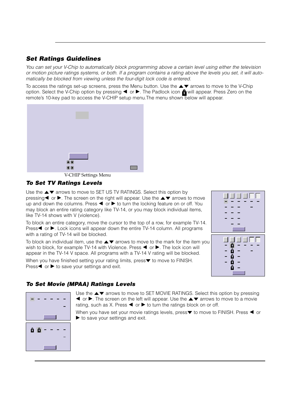 V-chip, Set ratings guidelines, Finish | JVC AV 61S902 User Manual | Page 34 / 68