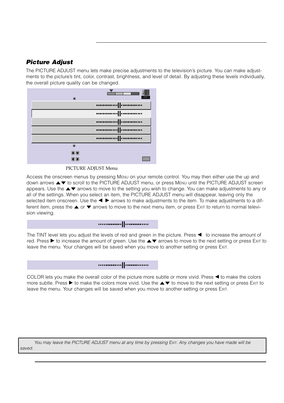 Picture adjust, T i n t, Color | Picture adjust color picture bright detail tint, Operate exit by select by | JVC AV 61S902 User Manual | Page 38 / 68